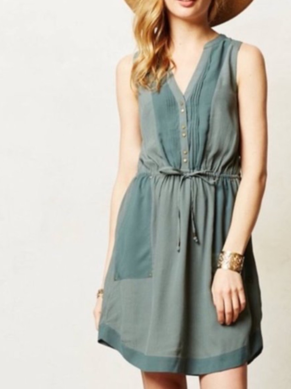 Maeve V-Neck Drawstring Dress in Sage